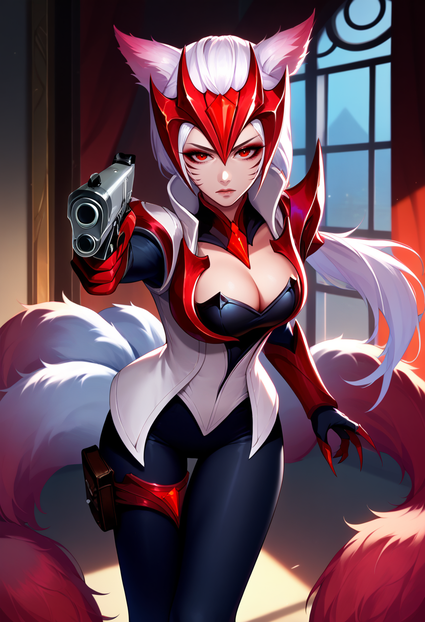 score_9, score_8_up, score_7_up, Ahrichallenger, animal ears, facial mark, fox tail, multiple tails, long hair, white hair, low ponytail, red eyes, large breasts, Makeup, gem, forehead protector, pauldrons, vambraces, black bodysuit, white Shirt, cleavage, claws, gloves, thigh strap, <lora:Ahri_Challenger_pdxl_Incrs_v1:1>, <lora:HandPointingAGunMeme_XLPD:0.8> holding weapon, handgun, holding gun, aiming at viewer, revolver, finger on trigger, indoors,