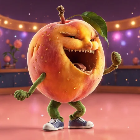 A cute peach FaVGoneBad dancing on the dance floor at the disco <lora:Fruits_and_Vegetables_gone_bad_-_SDXL_LoRA:0.5>