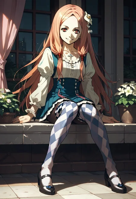 score_9,score_8_up,score_7_up,source_anime, Mana Ouma,1girl,solo,smile,skirt,hair ornament,halfbody,flower,pantyhose,shoes,hair flower,argyle,argyle legwear,