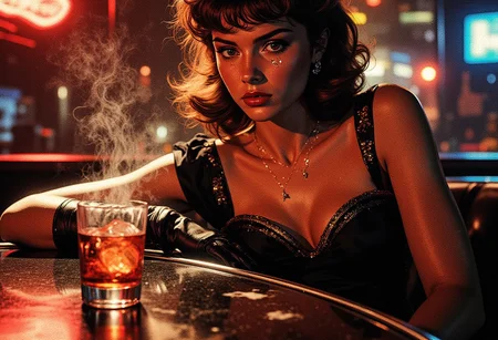 A sultry, dimly lit 1950s cocktail lounge, cigarette smoke swirling in the air, thick with the scent of bourbon and cheap perfume.  A lone, beautiful woman, her face framed by the soft, smoky light, sits at a polished bar, a single, amber-hued drink reflecting the melancholy in her eyes.  Her Mafia-style outfit, a tight, black silk dress adorned with delicate gold embroidery, contrasts starkly with the shadowy ambiance.  Her lips, a pale crimson, press against the ice in her glass, a silent tremor in her posture revealing a profound heartbreak.  A single tear trails down her cheek, a glistening pearl against the harsh shadows.  Her expression suggests a desperate longing – her gaze, fixed on an empty space before her, evokes a question: Did love, like a fleeting glimpse of starlight past a window, pass her by?  The muted jazz music from a nearby corner fades into the background, a mournful melody mirroring the girl's despair.  Each polished surface mirrors the unspoken story etched on her face.