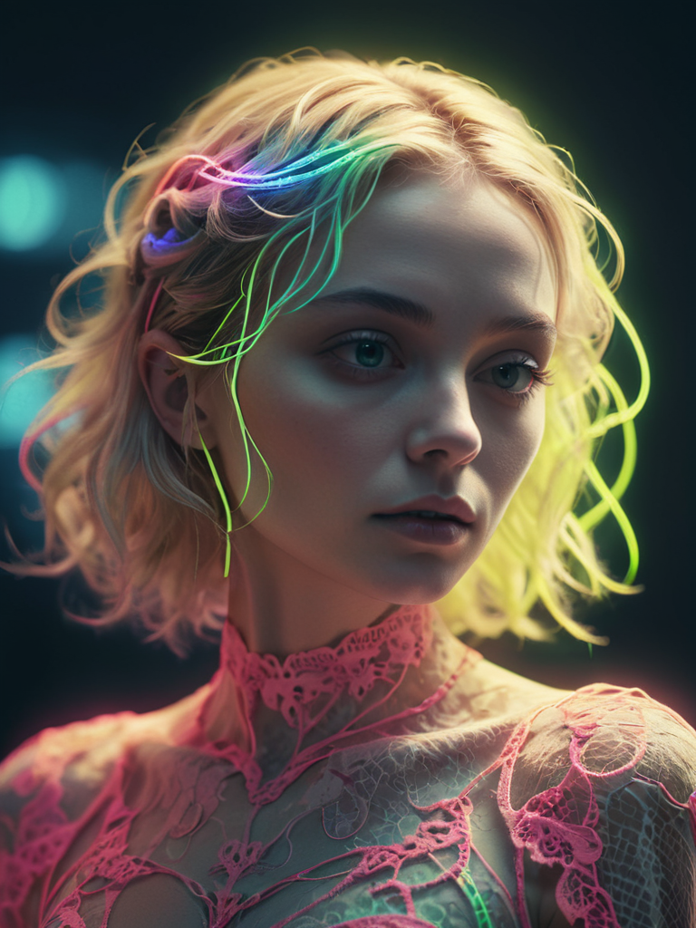 neon-death-cult woman,wearing (neon-colored-lace made from neon wires:1.4), arrogant look, small round face with  pronounced_cheekbones, small_chin,   blonde spiral_twist,  highly detailed , strong contrast, intricate details, volumetric light, 16k HDRI,  lot of details, high quality,  dramatic atmosphere, atmospheric perspective, subsurface scattering, transparency,  analog style, film photography, sharp focus, soft focus, cinematic psychedelic lighting, heavy shadow
