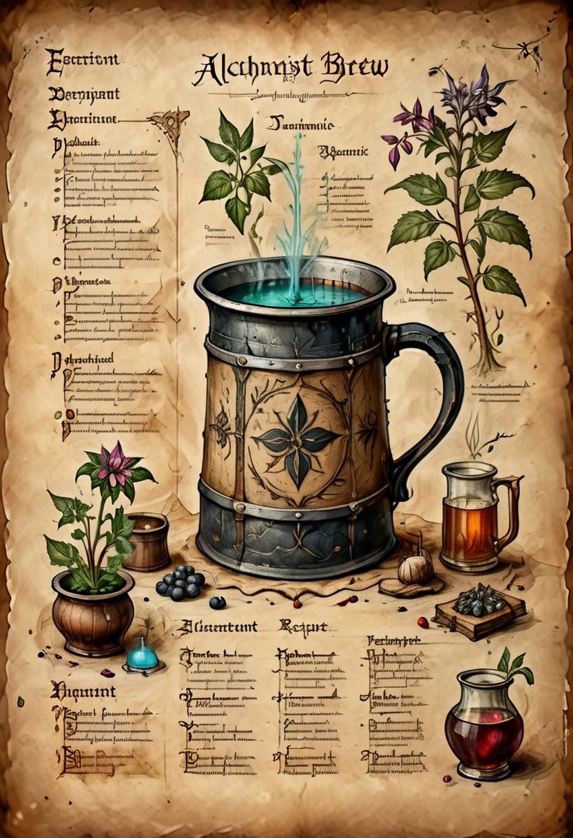 illustrated medieval recipe of alchemist brew made with occult ingredients and demonic plants, on parchment with scratches, intricate details, muted colors, high resolution