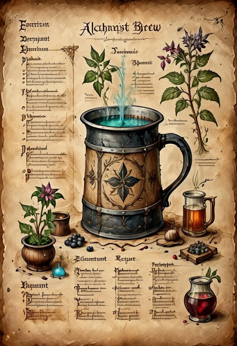illustrated medieval recipe of alchemist brew made with occult ingredients and demonic plants, on parchment with scratches, intricate details, muted colors, high resolution