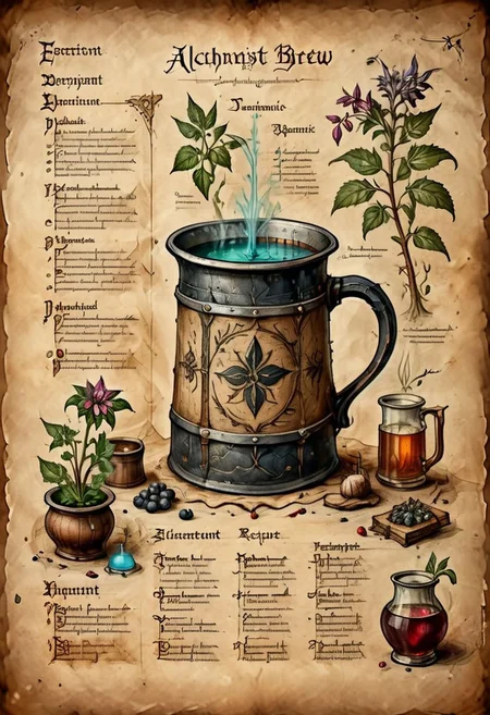 illustrated medieval recipe of alchemist brew made with occult ingredients and demonic plants, on parchment with scratches, intricate details, muted colors, high resolution