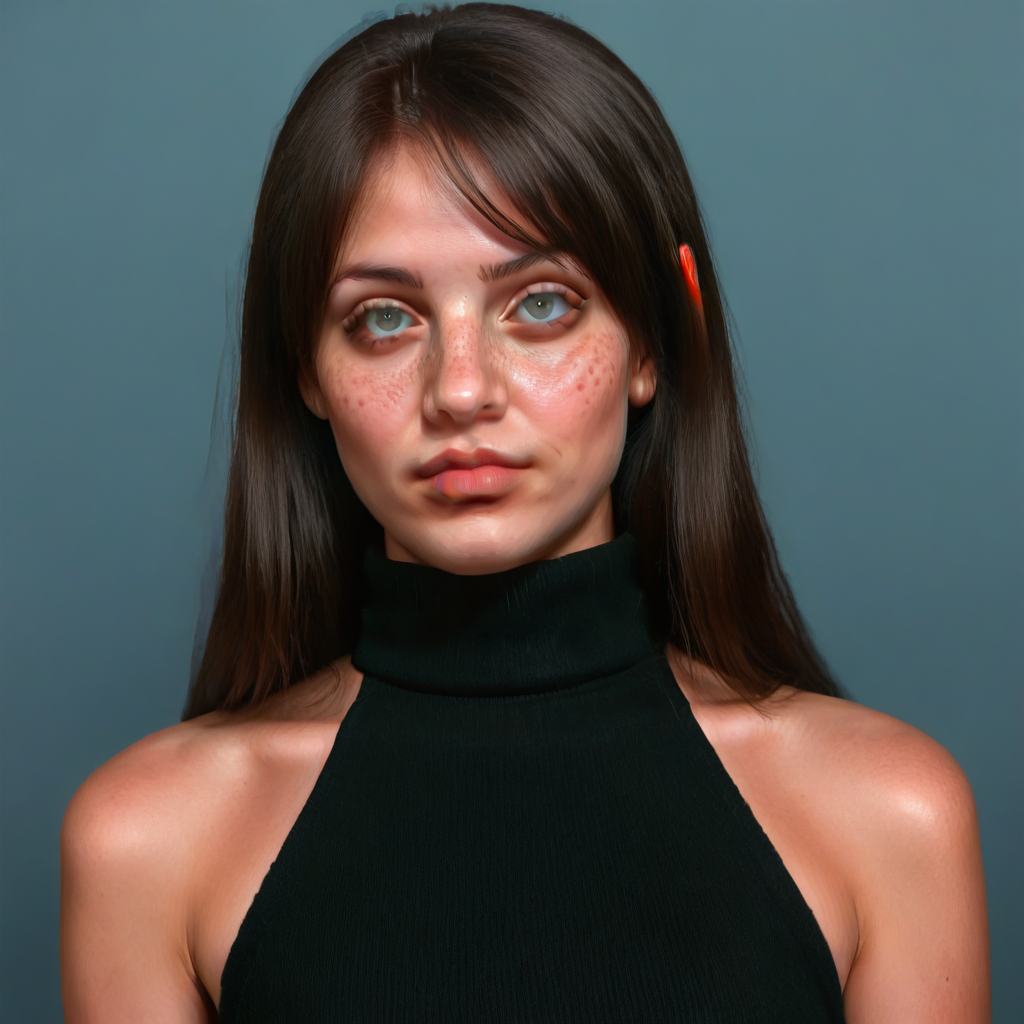 dress, realistic, turtleneck, jewelry, upper body, bare shoulders, long hair, lips, freckles, closed mouth