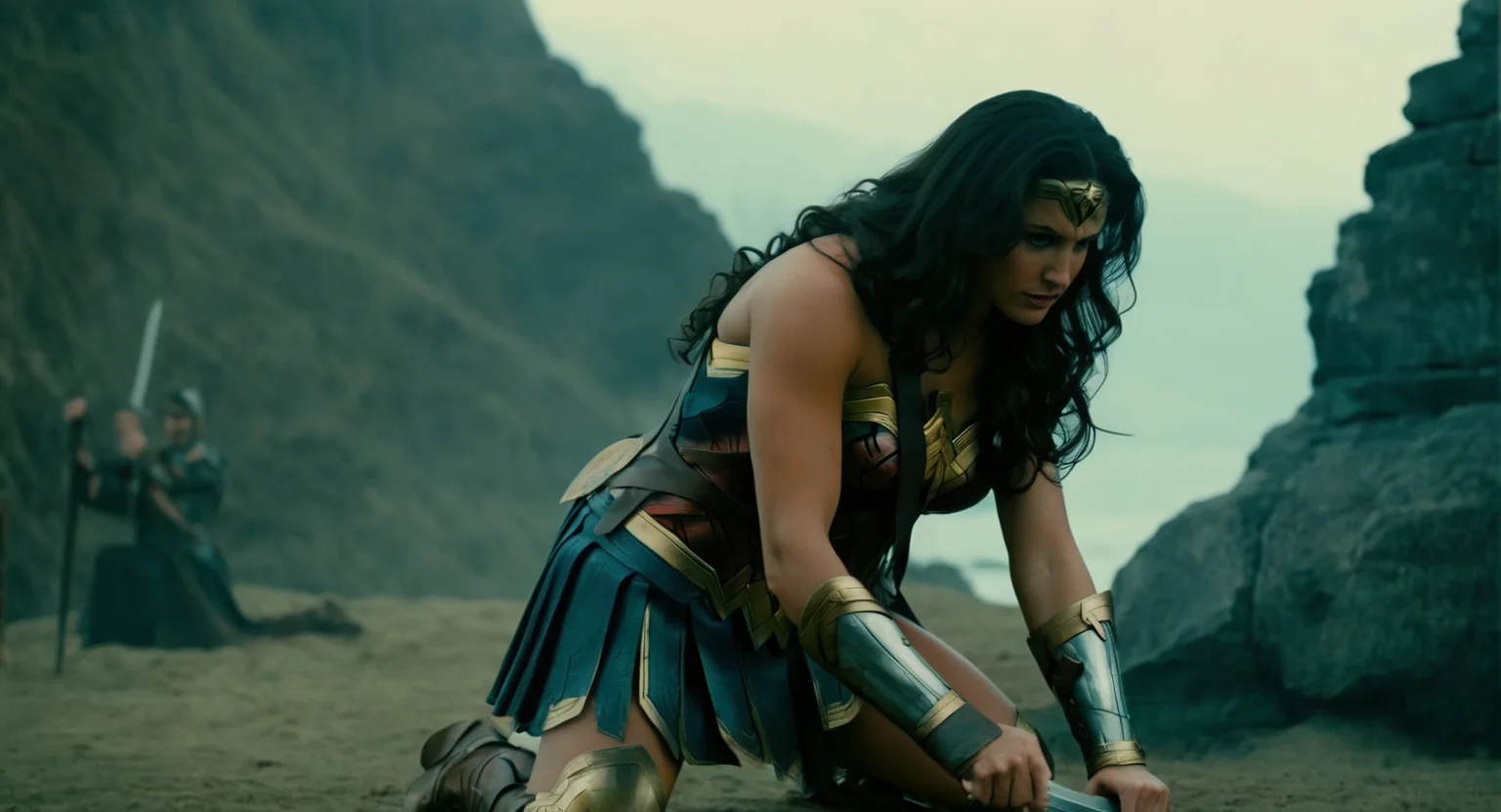 cinematic film still of Cinematic Film stock footage in (arri alexa style) Kodak film print, <lora:Wonder Woman:1> Wonder Woman a woman dressed as wonder woman is kneeling down with a sword, shallow depth of field, vignette, highly detailed, high budget, bokeh, cinemascope, moody, epic, gorgeous, film grain, grainy