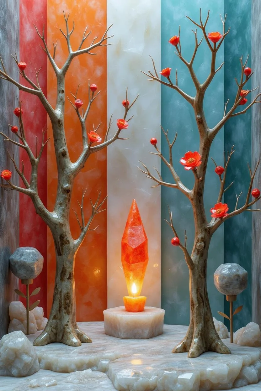 <lora:ck-polygon-gems-0019.safetensors:1> a crafted gemstone model in the style of cklg featuring a
In a whimsical yet eerie triptych, the scene unfolds as a handcrafted, figurine-like depiction, rich with intricate textures and a playful, gothic charm. Each panel is a digital art creation, blending abstract and minimalist elements with geometric shapes. The stylized trees, stripped of leaves, stand tall and skeletal, their branches reaching out like bony fingers. Red flower-like shapes and blue forms dot the landscape, creating a symmetrical composition that leads the eye through the panels.
The background is a gradient of pastel colors, with vertical stripes in shades of red, orange, blue, pink, white, and cyan. The colors are muted and desaturated, save for the warm, diffused highlights that cast a soft, candlelit glow, emphasizing the red and orange accents. The environment is crafted to feel weathered and handmade, with wooden and textured backdrops that add to the sense of a stop-motion model or artisanal sculpture.
In the center panel, a focal element catches the eye—a red flower-like shape with fine, scalloped edges, glowing faintly against the cool, blue backdrop. The branches of the trees are detailed with scales and fur, adding a tactile quality that seems both inviting and unsettling. The overall tone is a blend of charm and spookiness, evoking both delight and unease. The watermark "art of 3D" appears subtly, completing the modern, digital art composition.