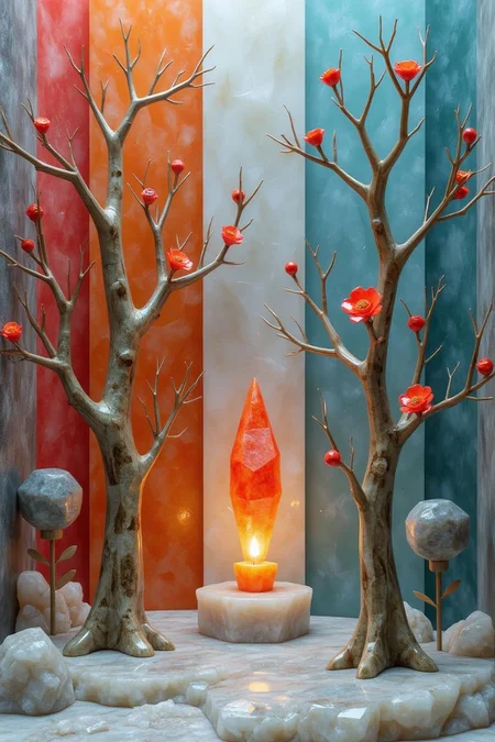 <lora:ck-polygon-gems-0019.safetensors:1> a crafted gemstone model in the style of cklg featuring a
In a whimsical yet eerie triptych, the scene unfolds as a handcrafted, figurine-like depiction, rich with intricate textures and a playful, gothic charm. Each panel is a digital art creation, blending abstract and minimalist elements with geometric shapes. The stylized trees, stripped of leaves, stand tall and skeletal, their branches reaching out like bony fingers. Red flower-like shapes and blue forms dot the landscape, creating a symmetrical composition that leads the eye through the panels.
The background is a gradient of pastel colors, with vertical stripes in shades of red, orange, blue, pink, white, and cyan. The colors are muted and desaturated, save for the warm, diffused highlights that cast a soft, candlelit glow, emphasizing the red and orange accents. The environment is crafted to feel weathered and handmade, with wooden and textured backdrops that add to the sense of a stop-motion model or artisanal sculpture.
In the center panel, a focal element catches the eye—a red flower-like shape with fine, scalloped edges, glowing faintly against the cool, blue backdrop. The branches of the trees are detailed with scales and fur, adding a tactile quality that seems both inviting and unsettling. The overall tone is a blend of charm and spookiness, evoking both delight and unease. The watermark "art of 3D" appears subtly, completing the modern, digital art composition.