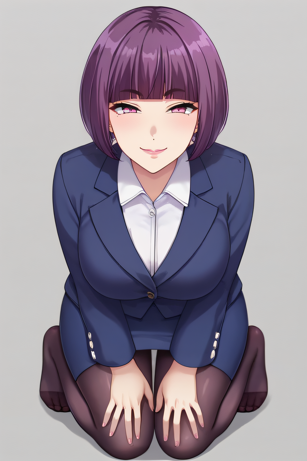 score_9, score_8_up, score_7_up, source_anime, rating_safe, intricate details, anime screencap, official style, <lora:Itsuki_Shima:1>, shima, bob cut, short hair, pink eyes, purple hair, large breasts, blue jacket, blue skirt, white shirt, office lady, black pantyhose, simple background, looking at viewer, naugthy face, smile, blush, half-closed eyes, full body, feet, kneeling, hands on knees
