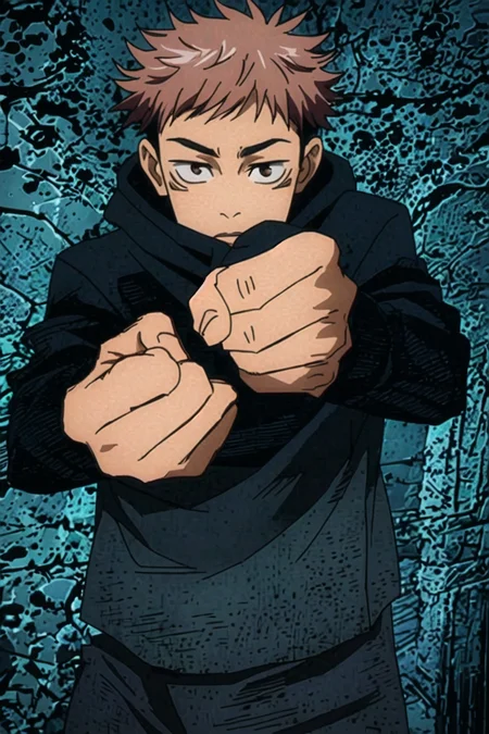 (masterpiece, top quality, best quality, realistic, beautiful and aesthetic:1.2) balled fist, looking at viewer, cowboy shot, 1boy,  <lora:jjk_itadori-10:0.8> itadori yuji, facial mark, school uniform, black jacket, hood <lora:LCM_LoRA_Weights_SD15:1>