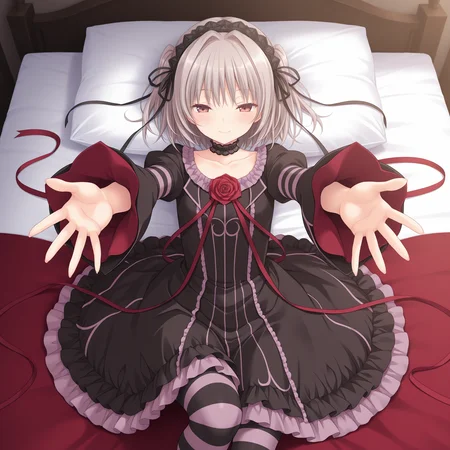 <lora:Naitou_Maia_1_nai-000040:1>,Naitou Maia,
striped clothes,frills,juliet sleeves,black dress,long sleeves,collarbone,choker,wide sleeves,long ribbon,puffy sleeves,frilled dress,red ribbon,black hairband,red flower,red rose,striped pantyhose,
1girl,solo,smile,on bed,lying,on back,front view,looking at viewer,straight-on,knee up,half-closed eyes,reaching towards viewer,outstretched arms,