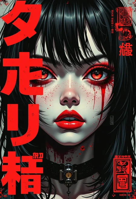 Japanese Manga style Poster with bold large fonts and graphics, Red lipstick marking, nightmares after toxic relationship, desperate, horror, gloomy, in the style of black and dark red, dark tones, dramatic composition, digital painting, emotional depth, leaving an indelible and haunting impression on psyche, intricate details, unforgettable.