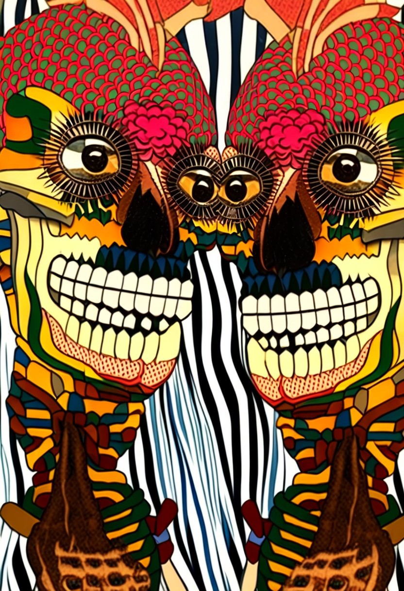 KT, mirror effect, a vibrant skull with yellow eyes, vibrant fishscales on top of the skull.