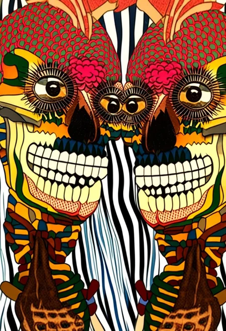 KT, mirror effect, a vibrant skull with yellow eyes, vibrant fishscales on top of the skull.