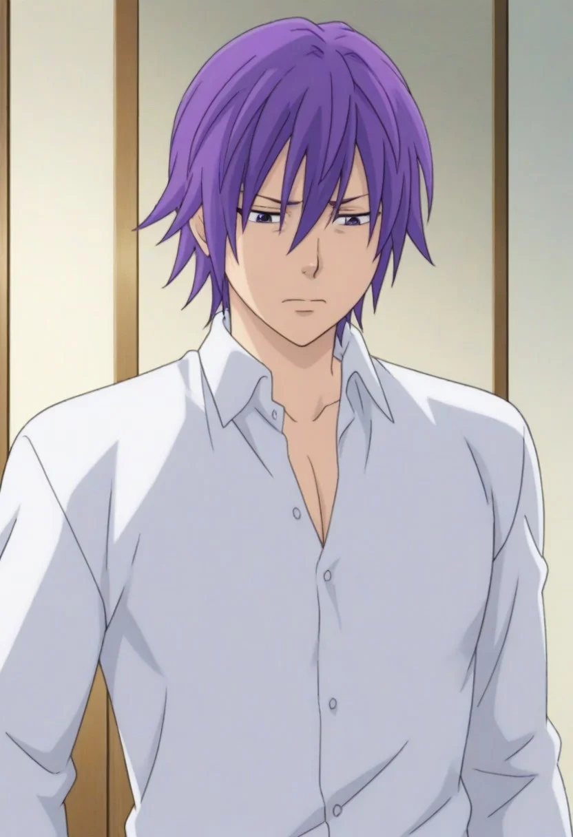 Anime, ((1male only, 1male focus, solo picture, single illustration, single person only)), ((Handsome, cute, sexy, attractive, good-looking)), Reita Toritsuka, purple hair, hair down without headband, straight hair, purple eyes, disappointed expression, funny, white collared shirt, long sleeves, front view