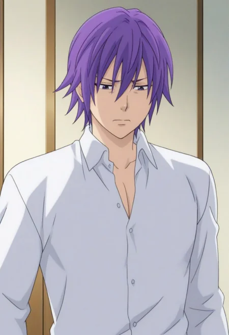 Anime, ((1male only, 1male focus, solo picture,  single illustration, single person only)), ((Handsome, cute, sexy, attractive, good-looking)), Reita Toritsuka, purple hair, hair down without headband, straight hair, purple eyes, disappointed expression, funny, white collared shirt, long sleeves, front view