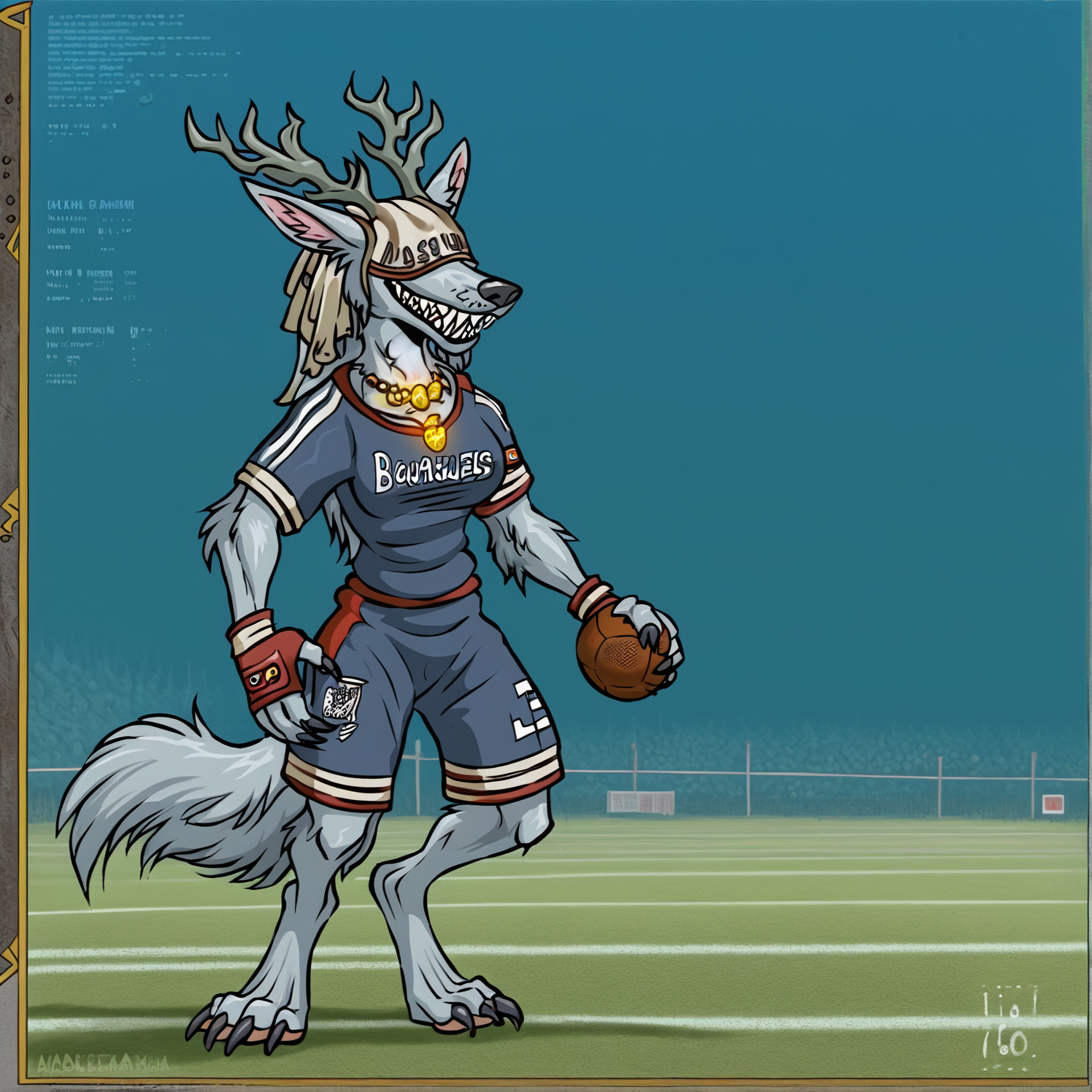 1girl, full body, <lora:Vicar Amelia (Bloodborne)_epoch_7:1> anthro bbvicamelia, fur, fluffy fur, sharp teeth, claws, paws, digitigrade, golden pendant necklace, in a football uniform, on a football field, playing football,
 <lora:AkaburV2_PDXL:1> Akaburstyle, detailed, masterpiece,score_9, best quality