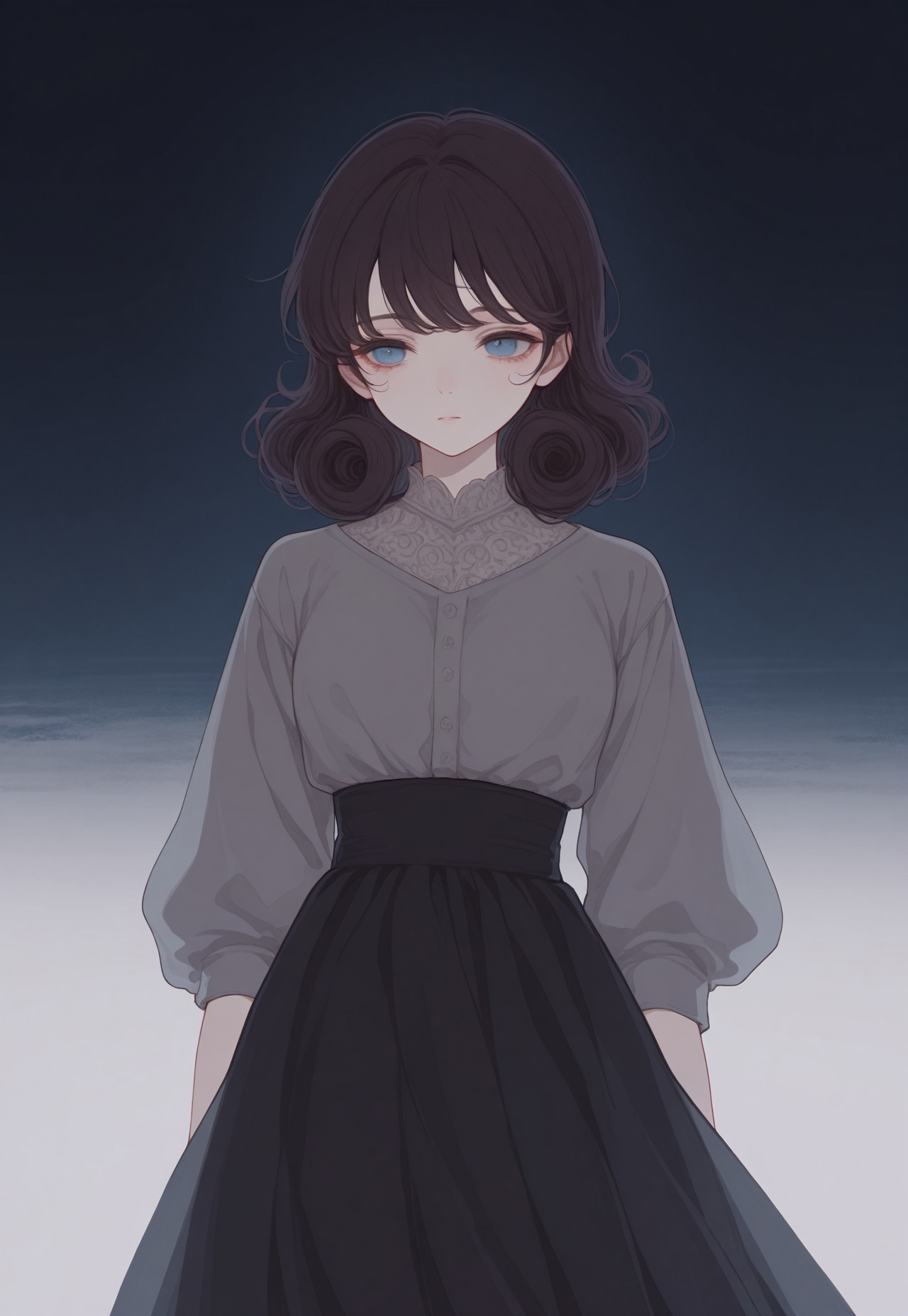 solo, ethereal, detailed, contemplative, 

1girl, blue eyes, short (curly:1.2) brown hair, grey blouse, dark long skirt,

(748cmstyle:1.3) 

masterpiece,best quality,amazing quality, detailed, 
