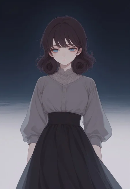 solo, ethereal, detailed, contemplative,
1girl, blue eyes, short (curly:1.2) brown hair, grey blouse, dark long skirt,
(748cmstyle:1.3)
masterpiece,best quality,amazing quality, detailed,