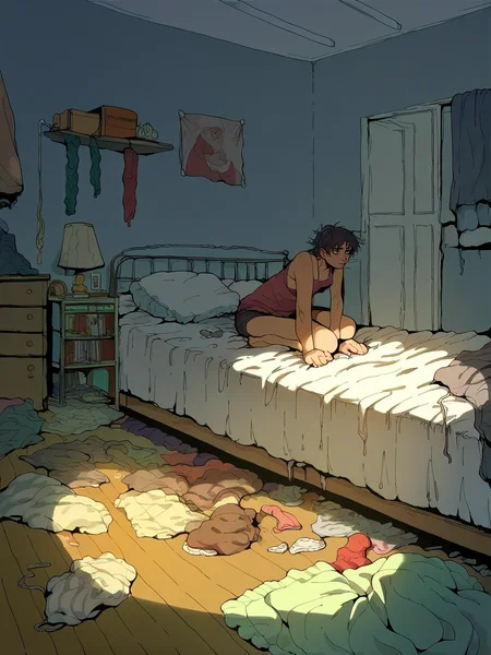 score_9, score_8_up, score_7_up, score_6_up, score_5_up, <lora:messyXLP:0.8> messy, indoors, 1girl, bedroom, bed, messy room, clothing on floor, clutter, kneeling,