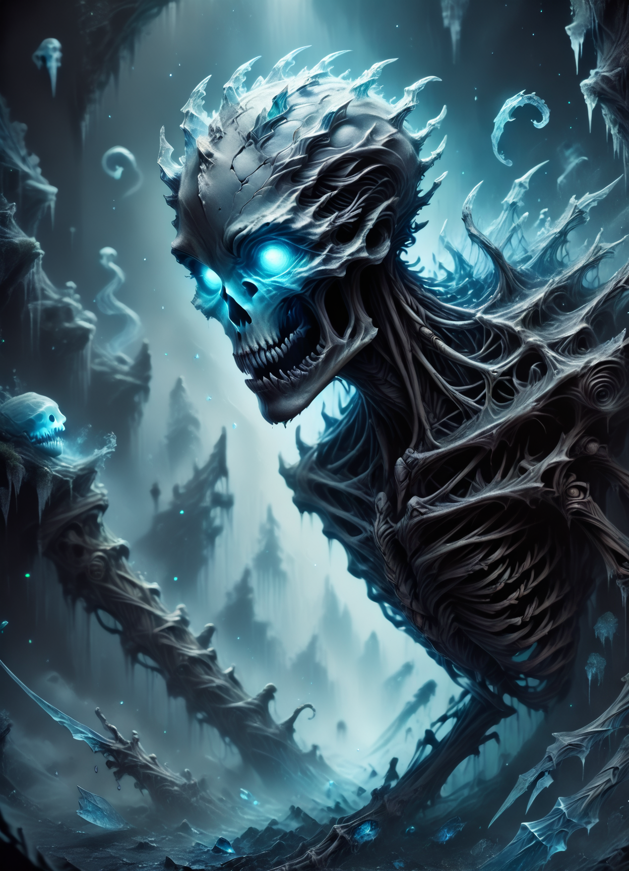 DonMGl00my1c3XL,score_9, score_8_up, score_7_up, score_6_up,black ice, ramanga, Skeletal ghost, thin and fragile appearance,  haunting and sorrowful presence,  unsettled matters, eerie, unsettling , rating_safe <lora:DonMGl00my1c3XL-pony:0.8>