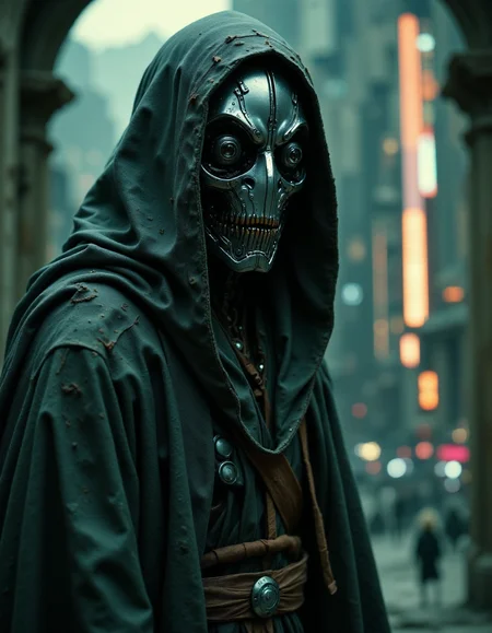 Portrait dynamic angle of an old damaged cyborg humanoid rogue prototype, in the style of ck-ncr, intrigant gaze looking to viewer, heavy damage, mysterious mystical scene, wearing tattered old robe hooded Jedi master,  <lora:ck-Neurocore-Realistic-Cyborgs:1.1>, <lora:aidmaFLuxPro1.1_v0.3:0.6> aidmafluxpro1.0 insane details dynamic lighting, cosmic horror attacking the city at night in the background
