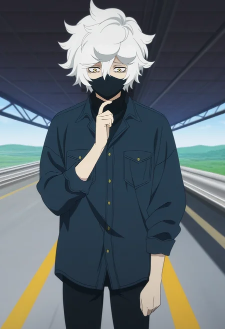 masterpiece, best quality, intricate details, anime screencap, anime coloring, official style,, 1boy, solo, male focus, <lora:gabimaru_jigokuraku_ilxl:0.92>, gabimaru_jigokuraku, white hair, yellow eyes, hair between eyes, short hair, messy hair, , mouth mask, asymmetrical, highway, indoors, index finger raised, sad, Performance leggings, Western shirt, , ,