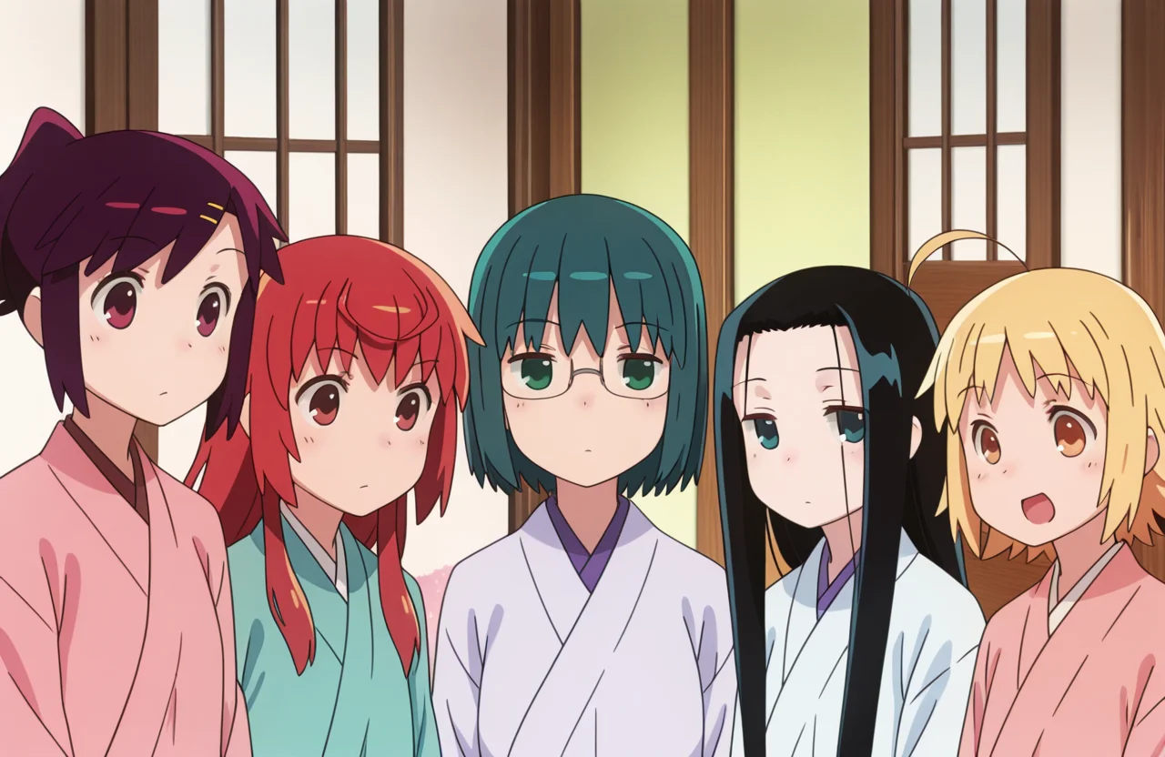 <lora:Joshiraku Illustriousv0:1> joshiraku, 5girls, buratei_marii, haroukitei_kigurumi, bouhatei_tetora, anrakutei_kukuru, kuurubiyuutei_gankyou ,upper body, black hair, , masterpiece, best quality, very aesthetic