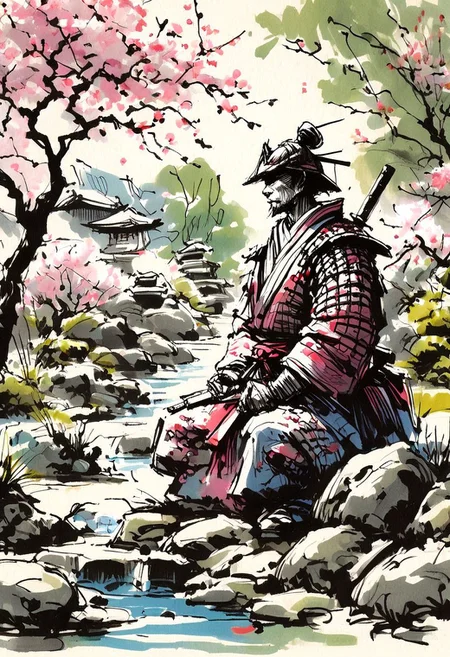 inksketch,
Japanese Samurai warrior in armor, zen garden, spring, sunshine, sakura, meditation, stream, rock garden,