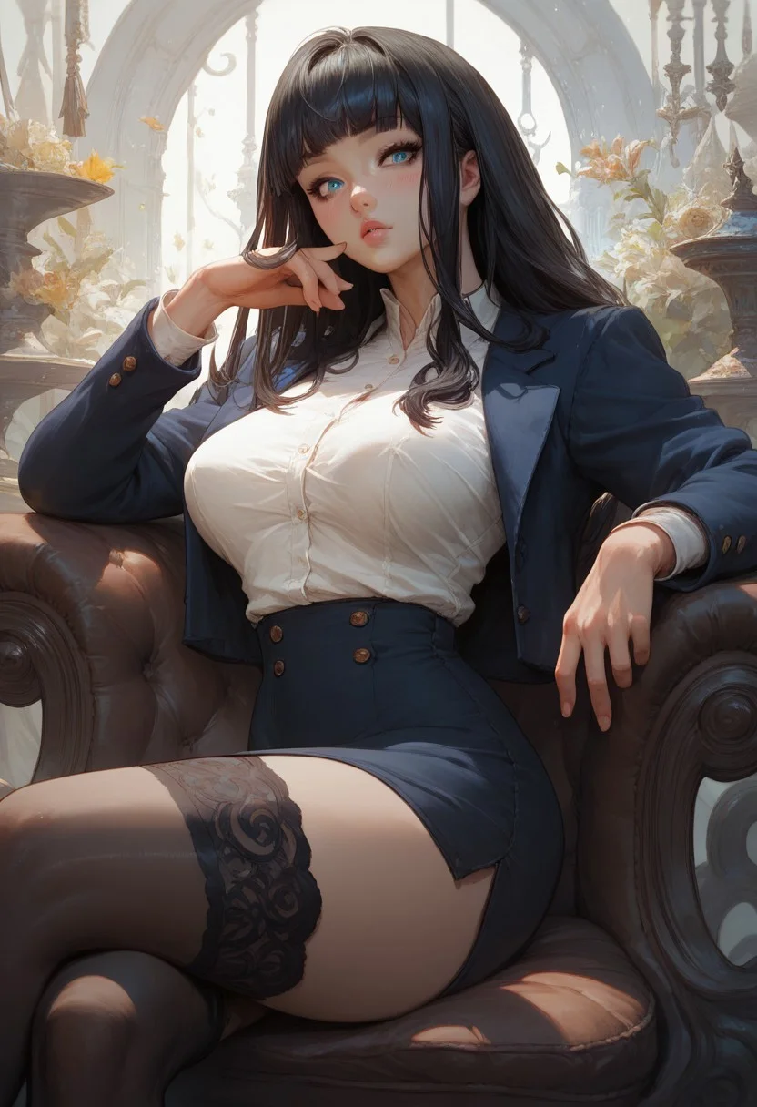 score_9, score_8_up, score_7_up, score_6_up, score_5_up, score_4_up, 1girl, (score_9, score_8_up:1.1), score_9, score_8_up, score_7_up,score_9, score_8_up, score_7_up, score_9, score_8_up, score_7_up, high detailed, high quality, masterpiece, no text, quality highlights, 8k detail, detailed background, dynamic view, ultra-detailed,
...
anime, dynamic view, hentai, ultra-detailed,
...
Create an anime-style character with long, black hair, with blue parts black hair, blunt bangs, detailed blue eyes, perfect lips,
...
score_9, score_8_up, score_7_up, score_6_up, score_9, score_8_up, score_7_up, score_6_up, masterpiece, 4k, high quality, (best quality:1.1), source_anime, blush, horny , 1girl, long hair, black hair, perfect lips, thick thighs, wide hips, perfect lips, perfect sagging large breasts, wide hips, , white shirt, blazer, skirt, sitting on stools, bar, night , stockings, looking viewer , crossed legs, photoshoot
...
abstract background of blue and black,
(curvy girl), belly, cute girl, lips, (incredibly sexy),
sexy pose, pose,
...
(white background)