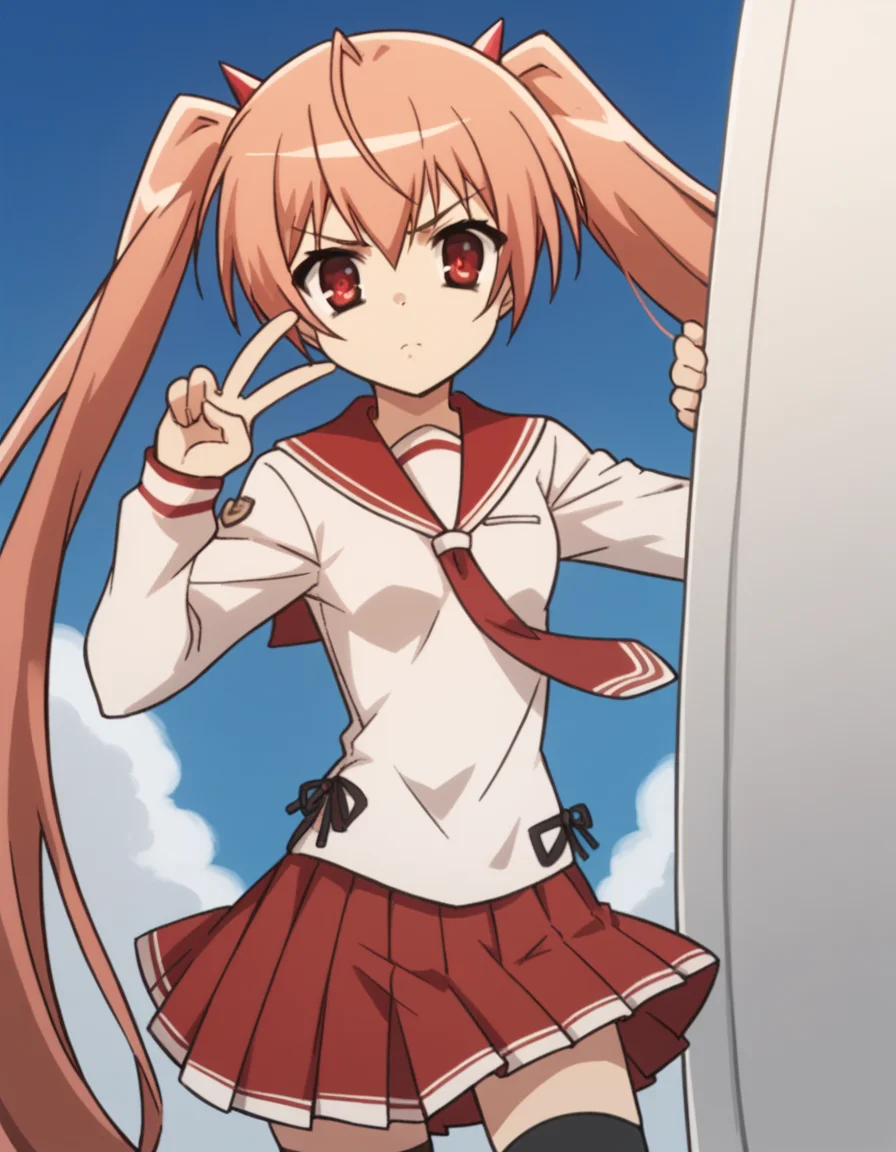 score_9, score_8_up, score_7_up, source_anime, <lora:aria-holmes-kanzaki-s1-ponyxl-lora-nochekaiser:1>, aria holmes kanzaki, long hair, red eyes, twintails, pink hair,, skirt, thighhighs, school uniform, serafuku, zettai ryouiki, white shirt, long sleeves, red sailor collar, necktie, red necktie, red skirt, pleated skirt,, laundry day, clothesline, drying clothes, domestic life, fresh air, blue sky, , v, v over eyes,, looking at viewer, solo,, dutch angle, cowboy shot
