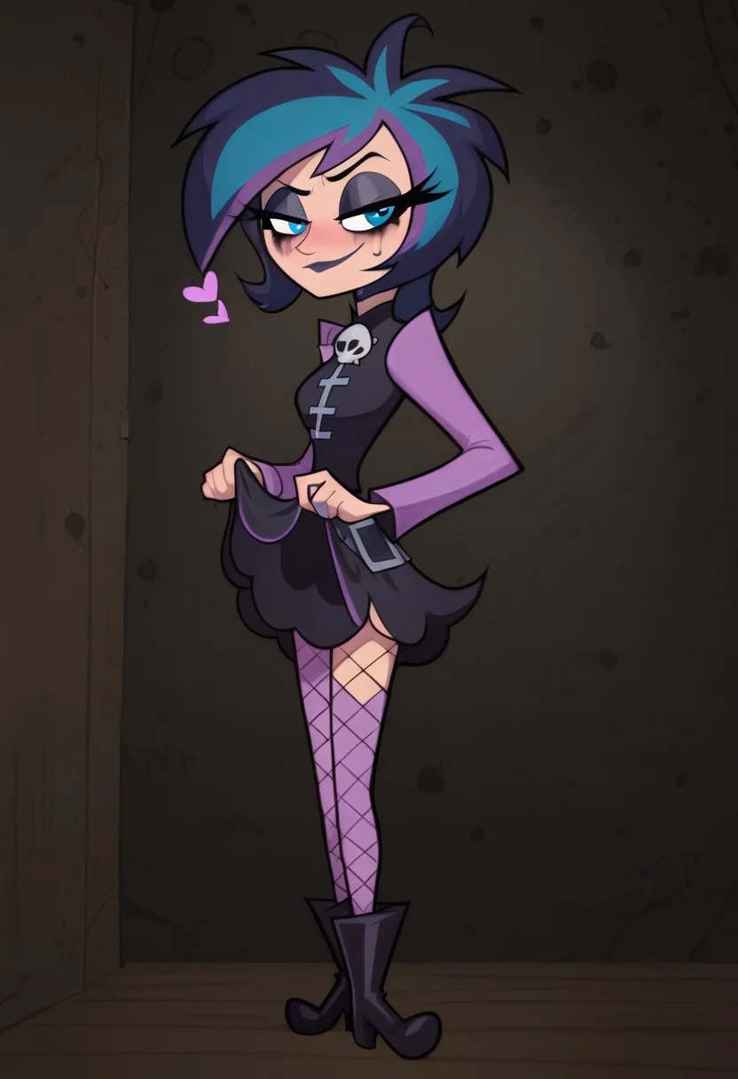 Expressive, score_9, score_8_up, masterpiece, 1girl, lacey shadows, modifyers, modifuckers, solo, pink hearts, hearts, blue eyes, smug, blush, hearts, profile view, black dress, blue and purple hair, pink fishnets, pink sleeves, black boots, blue eye makeup, goth, goth makeup, dark room, very dark, dark background, dark environment, dark bedroom, bedroom, indoors, seductive, mischevious smile, lifting skirt