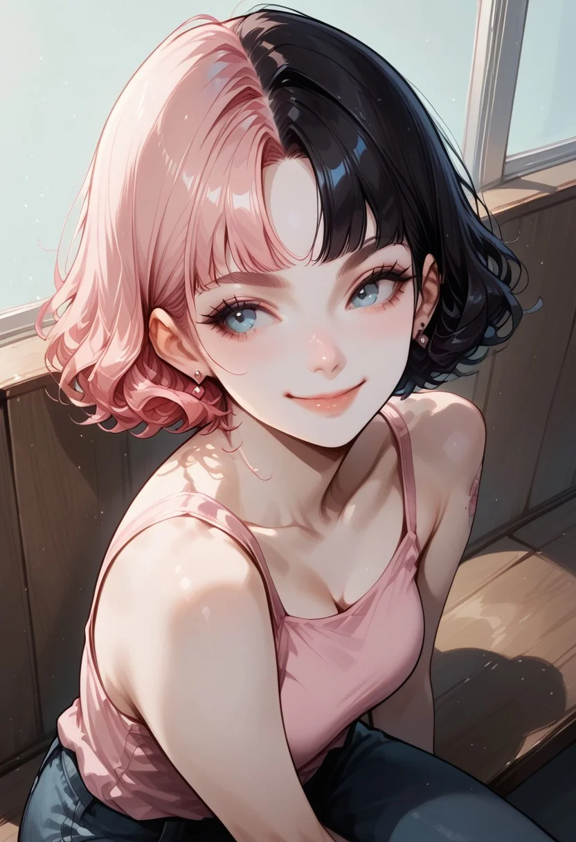 score_9, score_8_up, score_7_up, score_6_up, realistic, Sabrina, SabrinaRH,, short hair, bobcut, ((MIX OF pink AND BLACK HAIR) split hair, two-tone hair, multicolored hair) curled hair tips, parted bangs, blue eyes, medium breasts, pale skin, earrings,, arm tattoo, small lotus tattoo on right shoulder, , sitting in a bench, side view , high angle view, face closeup, wide arms, (pink) camisole, denim pants, earrings, looking away, sunny, relaxed expression, little smile