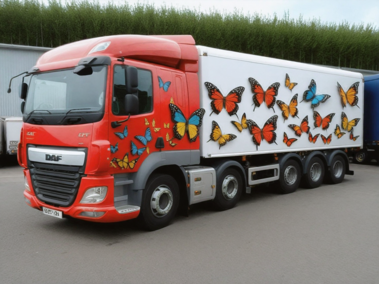butterflyStyle,DAF_CF,butterfly theme truck,<lora:Butterfly Tech:1.0>,<lora:DAF CF Truck:0.8>