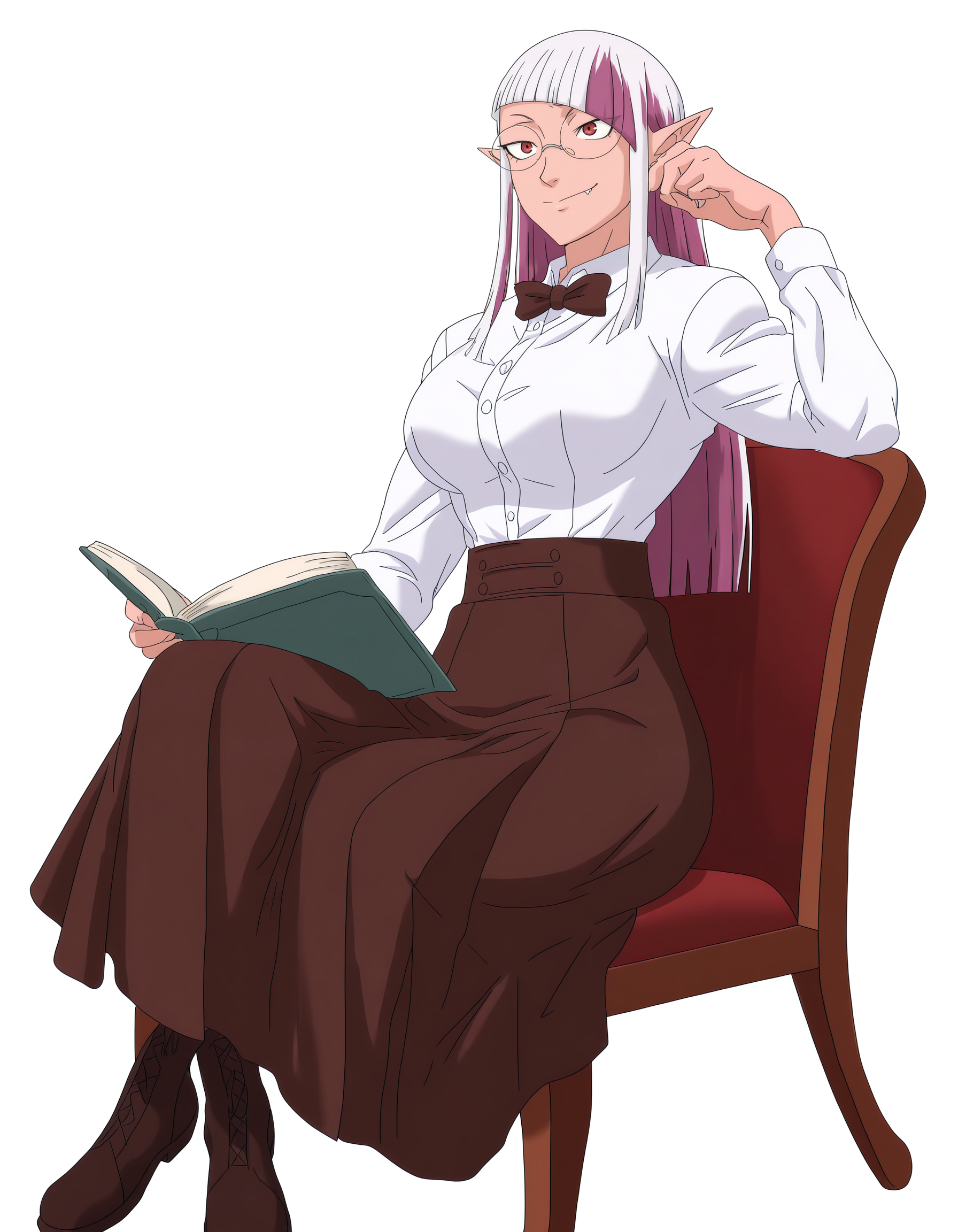 full body, solo, perfect composition, shadows, shading, <lora:PhilBourrassaWesternArtstyleNoobLocon_byKonan:0.8>, <lora:anime_screencap-Illustrious:0.5> anime screencap, anime coloring, very aesthetic, absurdres, zPDXL, <lora:Pony_DetailV2.0:0.5> <lora:illustrious_quality_modifiers_masterpieces_v1:1>
<lora:Morrigan:1> morrigan, 1girl, red eyes, mature female, pointy ears, asymmetrical bangs, long hair, multicolored hair, white hair, light_purple hair, scars on body, <lora:glasses_illustrious_V1.0:0.8> glasses, rimless eyewear, female focus, smile, fang, sitting on chair, reading book, crossed legs,
(muscles:0.7), white shirt, breasts, buttoned shirt, bowtie, high waisted skirt, brown skirt, long skirt,
white background, simple background,