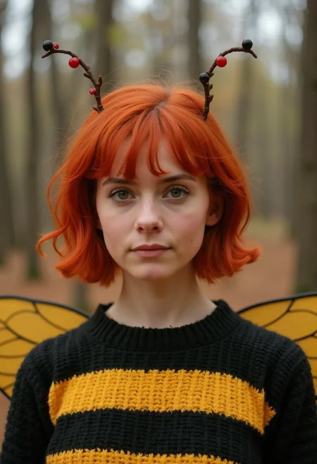 Extreme Face closeup portrait, Create a vintage-style photograph featuring a close-up of a blushed Smiling woman standing before a small forest. She has red hair, little bee antenna and wears a knitted, black-and-yellow striped sweater. Her look is completed with two bee-like costume wings attached to her back. The woman gazes into the camera with an indignant expression, giving off a rebellious, whimsical vibe. The scene is bathed in soft, natural light that enhances the earthy tones of the forest background.
