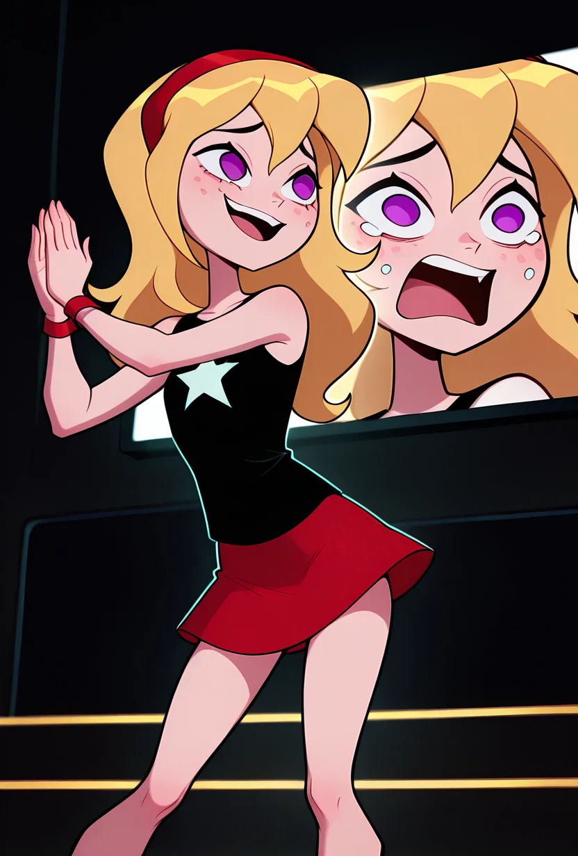 ((cartoon, screencap, )) <lora:lucysmall:1> lucysmall, solo, long hair, blonde hair, red hairband, black shirt, sleeveless, flat chest, star (symbol), purple eyes , tank top, wristband, miniskirt, red skirt, dynamic pose, expressive face, facial expression, clapping, at cinema, 3d glasses, tears, big smile, cinema theater,, masterpiece, best quality, amazing quality, very aesthetic, absurdres, newest,