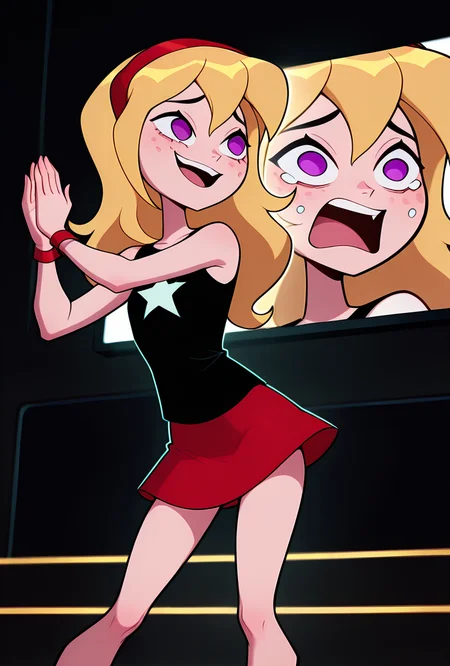 ((cartoon, screencap, )) <lora:lucysmall:1> lucysmall, solo, long hair, blonde hair, red hairband, black shirt, sleeveless, flat chest, star (symbol), purple eyes , tank top, wristband, miniskirt, red skirt,  dynamic pose, expressive face, facial expression, clapping, at cinema, 3d glasses, tears, big smile, cinema theater,, masterpiece, best quality, amazing quality, very aesthetic, absurdres, newest,