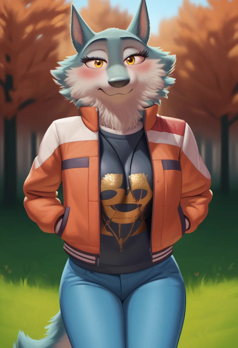 zPDXL, score_9,score_8_up,score_7_up,_up,source_cartoon, best quality, amazing quality, masterpiece, 1girl, looking at viewer, solo, fullbody, cute, blush, porsha, <lora:Porsha:0.8>, animal ears, yellow eyes, white fur, wolf girl, wolf ears, wolf tail, jeans, black shirt, lather jacket, orange sky, forest, autumn, contour_deepening,depth of field, huge filesize,wallpaper,background,(flat color),large breasts, blurry background, huge breasts, meesh, <lora:Meesh:1>