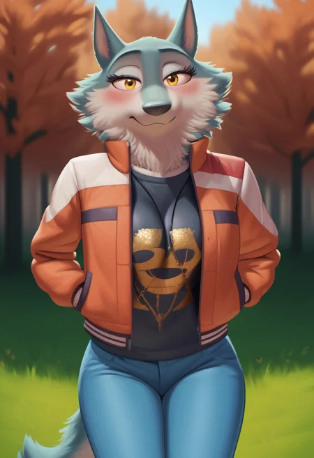 zPDXL, score_9,score_8_up,score_7_up,_up,source_cartoon, best quality, amazing quality, masterpiece, 1girl, looking at viewer, solo, fullbody, cute, blush, porsha, <lora:Porsha:0.8>, animal ears, yellow eyes, white fur, wolf girl, wolf ears, wolf tail, jeans, black shirt, lather jacket, orange sky, forest, autumn, contour_deepening,depth of field, huge filesize,wallpaper,background,(flat color),large breasts, blurry background, huge breasts, meesh, <lora:Meesh:1>