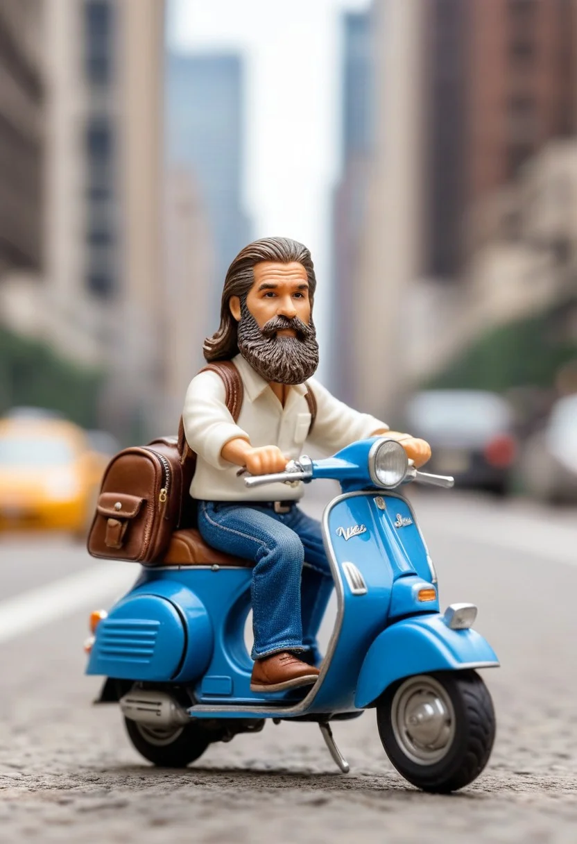 ((miniature)) of (man 50 year old, long hair:0.75, slin, beard , blue jeans, wihte shirt , ((big head:2.5}) ) (on a cream color vespa), speeding, miniature, depth of field, macro hotography, high detailed face, 4k, epic perspective, (big cleveage1.5), New york background