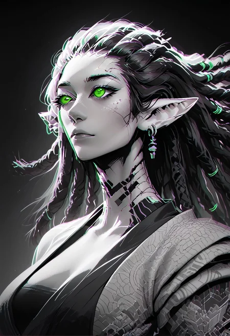 score_9, score_8_up, score_8, female, cel-shading, backlit, delicate features, very long hair, (dreadlocks), upper body, big breasts, techwear, cyborg, pointy elf ears, multiple ear piercings, techwear, dynamic pose, freckles, tan, colorvsgrey, monochrome, green glowing machine parts, hair oranments, kimono, electrical arcs,