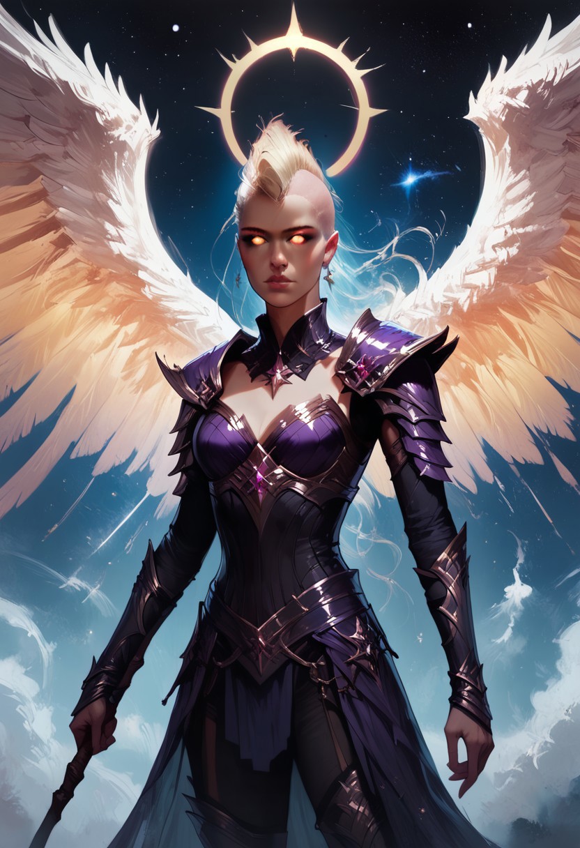 (score_9, score_8_up, score_7_up, score_6_up), (highres image, ultrares, absurdres, ultra detailed), (masterpiece:1.8), face focus, detailed faces, BREAK,
civitametapunksdxl_fem,
1girl, dynamic character design, female focus, perfect face, perfect eyes, attractive, ((beautiful)), ((druid)), ((Portrait)),  ((aasimar_fallen, white wings, golden halo, glowing eyes)), (((mohawk))), ((Shiny blonde Hair)), (Pale), (Slender, Svelte), Full Lips, Perky Breasts, Tiny Waist
BREAK
((white-Leather-Dress)), ((Interwoven Purple-Flowers and Ivy)), ((Wooden Staff with Purple Amethyst)), ((Thigh-High Boots))
BREAK
Cosmic Power, Stars, Galaxies, Nebula, Ethereal, Cinematic, Atmospheric, Detailed Background, Dramatic Lights, Concept Art, Expressiveh, ((aasimar_fallen, white wings, golden halo)), concept art, realistic, 4kFacePonyXL