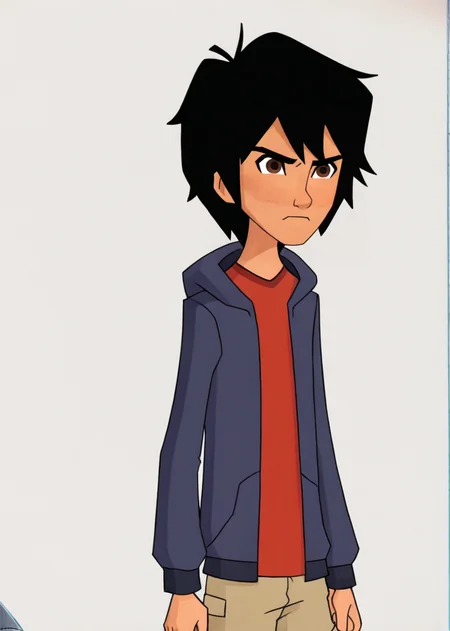 1boy ,solo, hirohamada,black hair,brown eyes,hood,red shirt, shorts,upper body, empty white background, serious, highly detailed, HDR, DSLR, <lora:BH6:1>