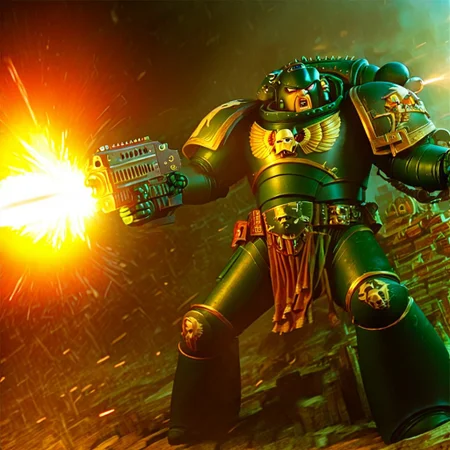 Score_9_up, absurdres, source: GamesWorkshop, grimdark, gothic horror, an adeptus astartes space marine in armor and helmet, he is firing a bolter gun