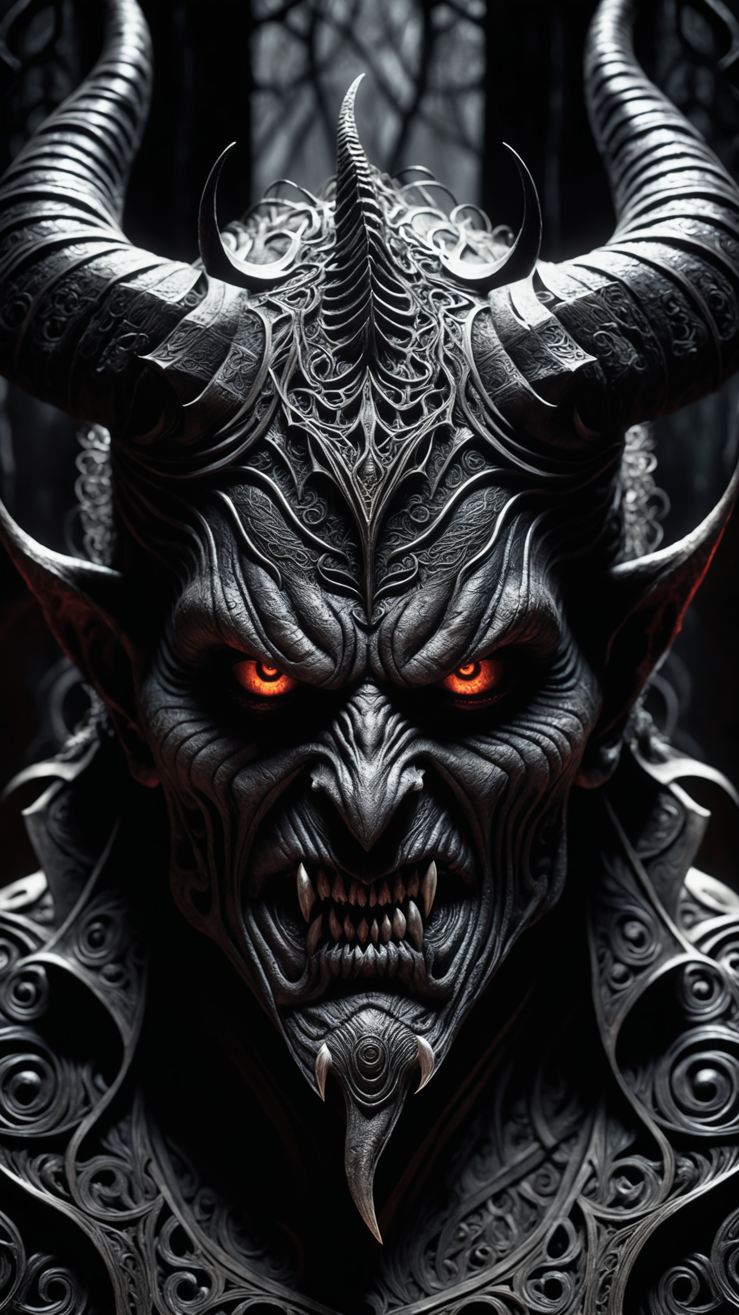 Horror-themed (8k, RAW photo, highest quality), hyperrealistic, intricate abstract, intricate artwork, abstract style, hauntingly, [satan | hell:17], dark and haunting portrait of a demonic satan emerging from the shadows, exuding terror, sinister eyes piercing through the darkness, intricate details, menacing expression, muted colors, Eerie, unsettling, dark, spooky, suspenseful, grim, (in the style of ian miller:1.3), highly detailed, (intricate details),hdr,(intricate details, hyper detailed:1.2), cinematic shot, extremely high-resolution details, photographic, realism pushed to extreme, fine texture, incredibly lifelike