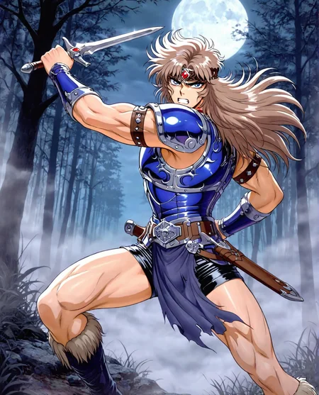 masterpiece, best quality, absurdres, zodikki, SIMOIL, kurumada eyes, kurumada hair, 1boy, male focus, muscular, toned male, blue eyes, blue armor, (leather headband, red jewel), blue breastplate, black leather shorts, blue stylized loincloth, one pauldron, blue pauldron, blue vambraces, long hair, light brown hair, boots, leather tassets, dark forest, fog, moon, holding thin dagger, weapon clenched teeth