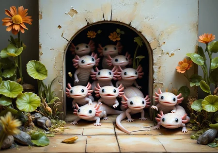 A miniature diorama of an image shot with significant tilt shift effect of tiny axolotls, high angle view, Several axolotls sneaking through a gap under a massive door, their tiny eyes peeking out as they try to pull a piece of string through the crack, their frills twitching with nervous energy., the tiny axolotls have pink frilly gills and round black eyes<lora:Axomodel_Flux_V1.1.safetensors:0.9:0.9> <lora:Diorama_Flux.safetensors:1.25:1.25>