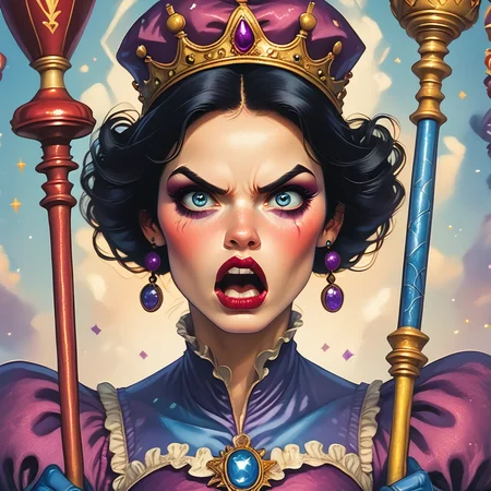 score_9, score_8_up, score_7_up, score_6_up, score_5_up, score_4_up, <lora:WonderlandPony_r1:1> ArsMJStyle, Wonderland, The image shows a woman wearing a purple dress and a crown on her head holding a stick in her hand. She has a determined expression on her face suggesting she is ready to take on any challenge., 1girl, solo, crown, jewelry, earrings, black hair, gloves, blue eyes, open mouth, scepter, lipstick, makeup, puffy sleeves, blush, princess