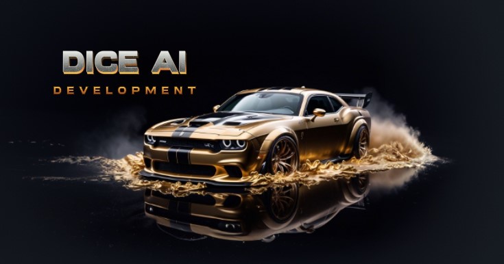 GOLD LIQUID METAL 2023 Widebody Hellcat SRT, racing through SILVER LIQUID METAL, liquid metal sprays up from the cars tyres, Car drifting in a black void, (wording says "DICE AI DEVELOPMENT")